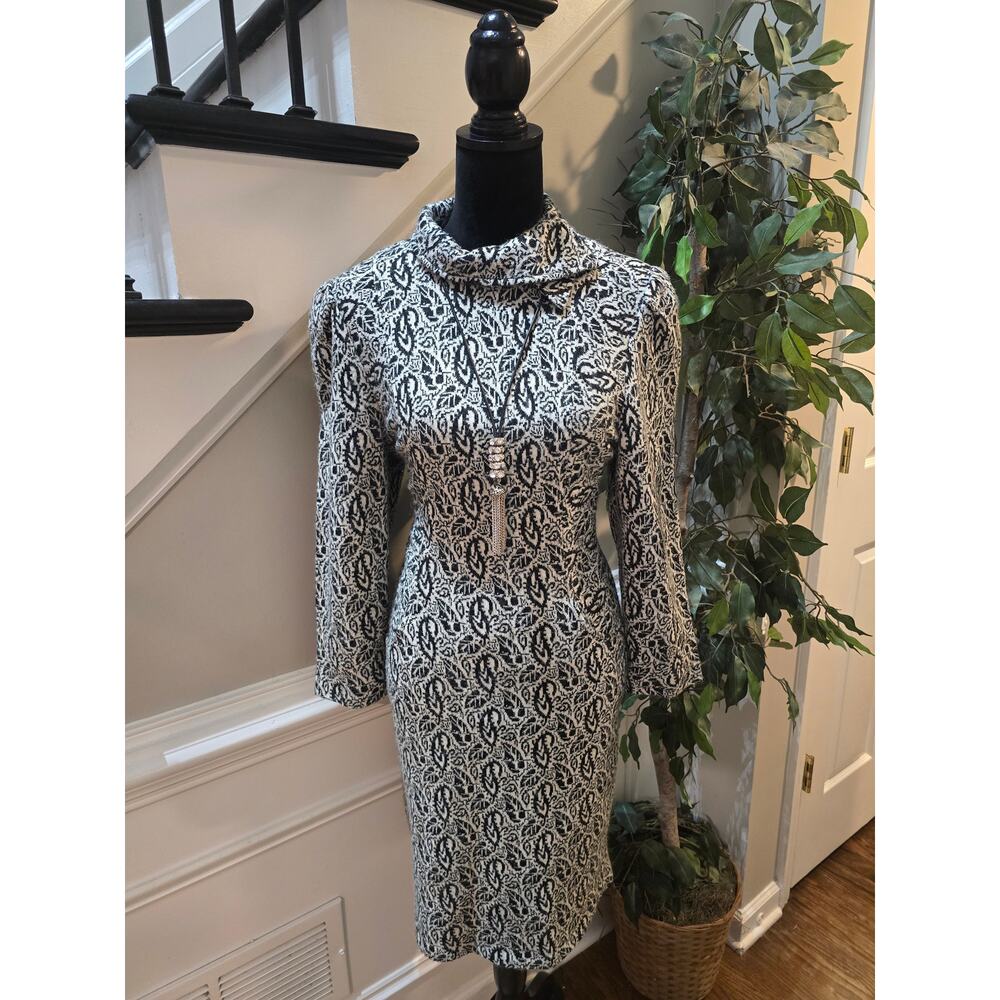 Vintage FF Collection Knit Dress Women's 11 Black White Long Sleeves Mock Neck
